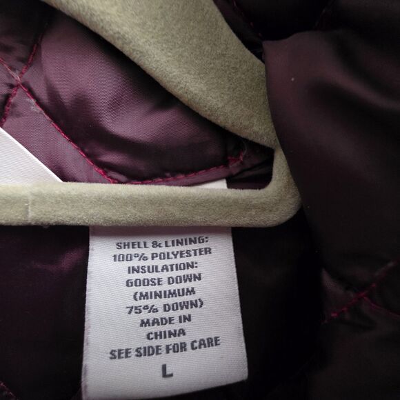 Eddie Bauer Size Large Red Goose Down Quilted Snap Up Collar Pockets Warm - Picture 7 of 8